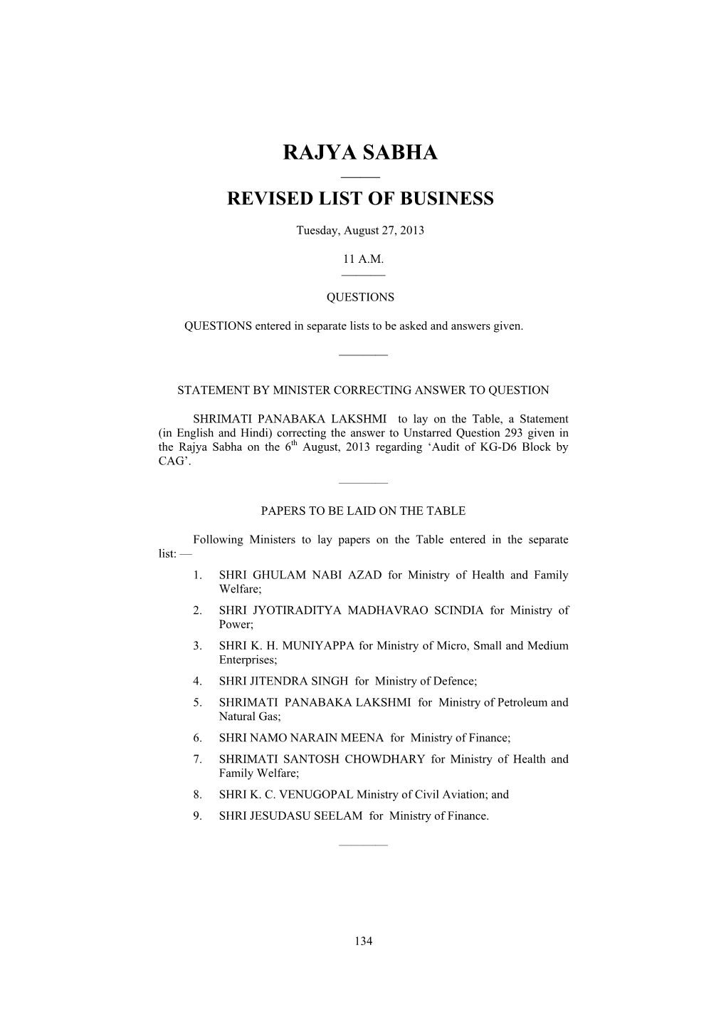 Rajya Sabha —— Revised List of Business