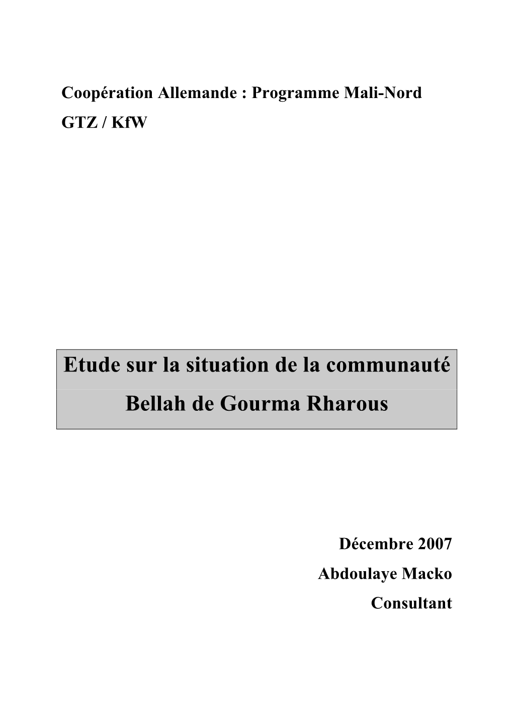 Etude Sur La Situation De La Communauté Bellah De Gourma Rharous