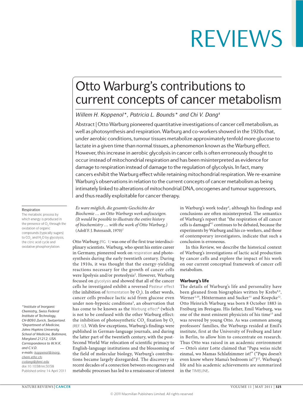 Otto Warburg's Contributions to Current Concepts of Cancer Metabolism