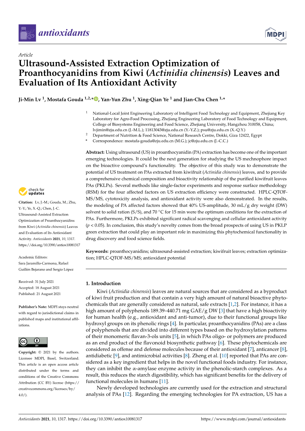 Ultrasound-Assisted Extraction Optimization of Proanthocyanidins from Kiwi (Actinidia Chinensis) Leaves and Evaluation of Its Antioxidant Activity