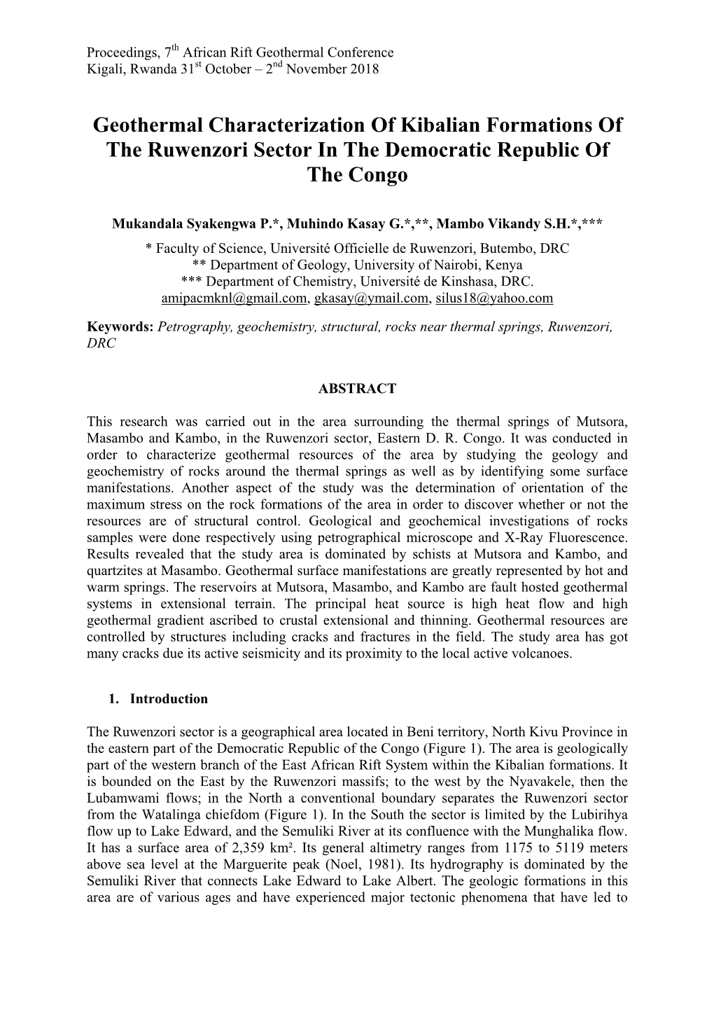 Geothermal Characterization of Kibalian Formations of the Ruwenzori Sector in the Democratic Republic of the Congo
