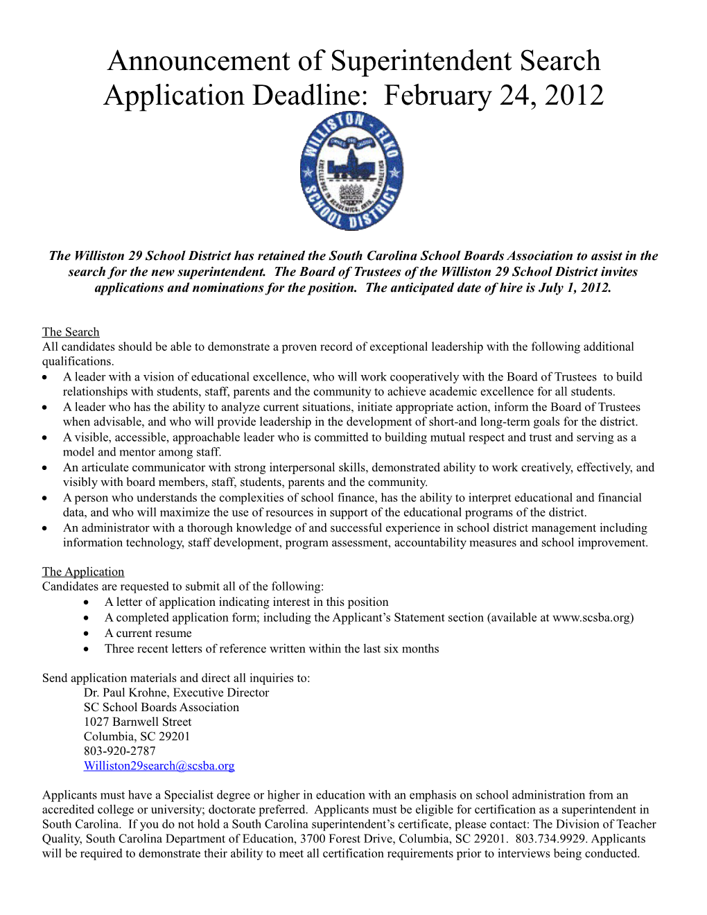 Announcement of Superintendent Search