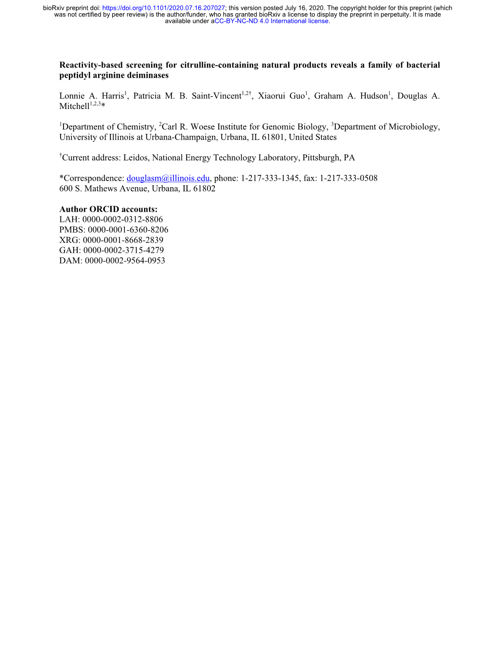 Reactivity-Based Screening for Citrulline-Containing Natural Products Reveals a Family of Bacterial Peptidyl Arginine Deiminases