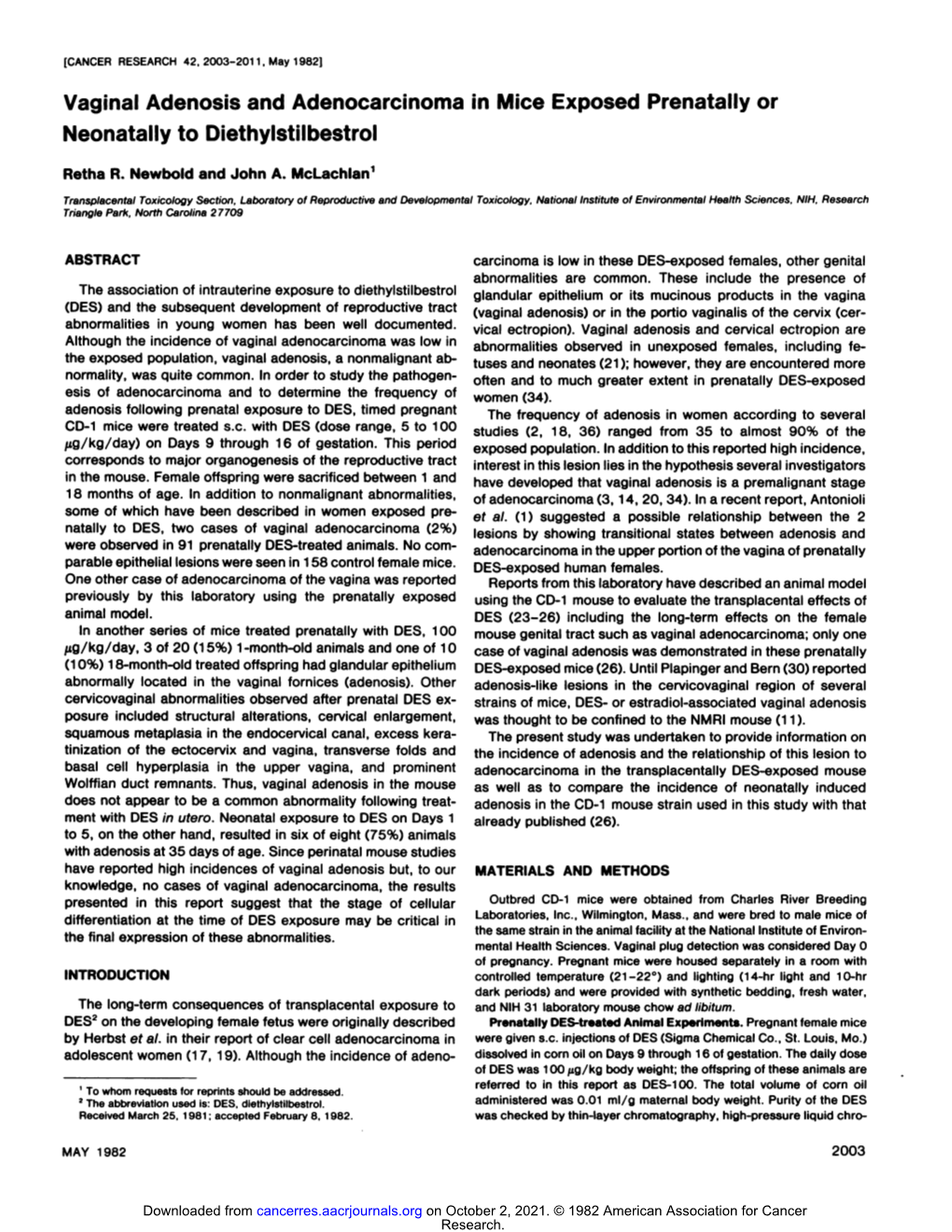 Vaginal Adenosis and Adenocarcinoma in Mice Exposed Prenatally Or Neonatally to Diethylstilbestrol