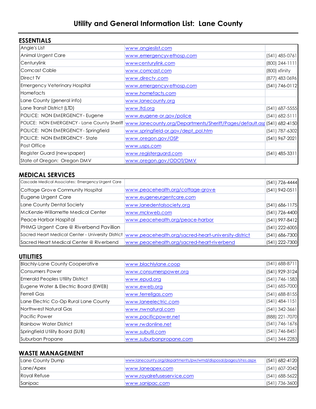 Utility and General Information List: Lane County