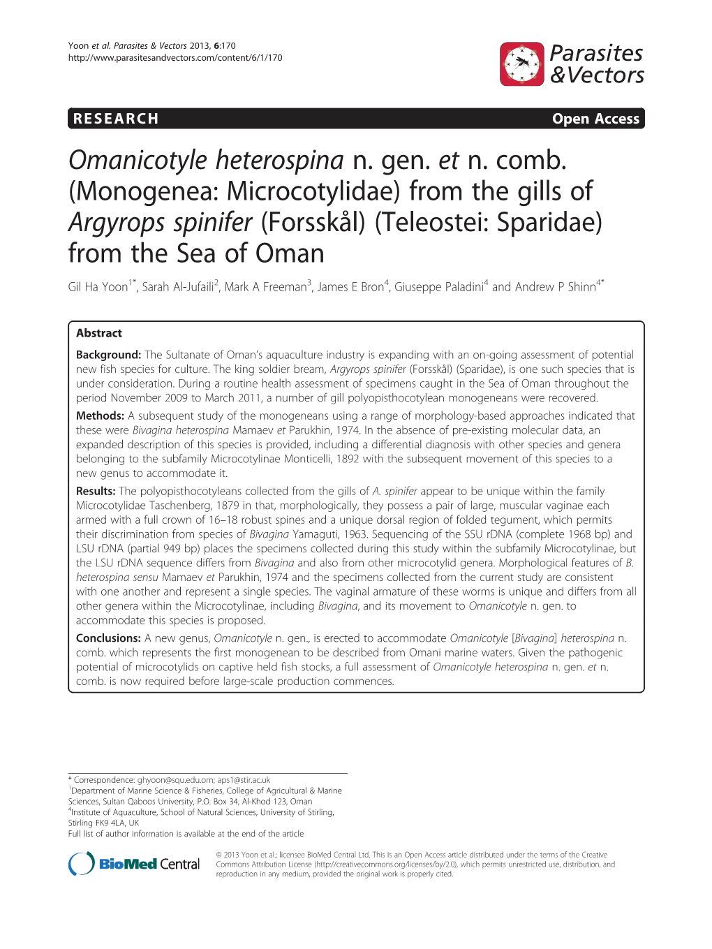 (Monogenea: Microcotylidae) from the Gills of Argyrops Spinifer