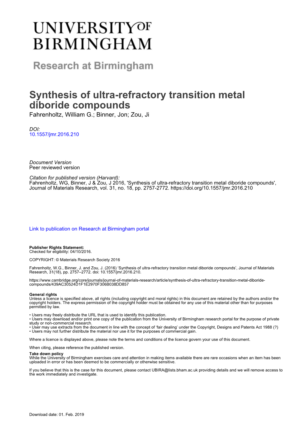 Synthesis of Ultra-Refractory Transition Metal Diboride Compounds Fahrenholtz, William G.; Binner, Jon; Zou, Ji