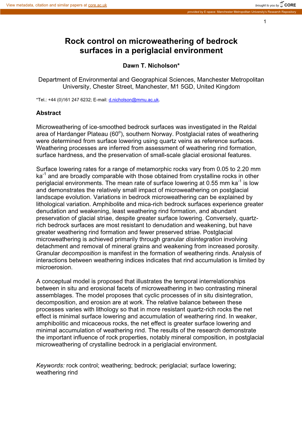 Rock Control on Microweathering of Bedrock Surfaces in a Periglacial Environment