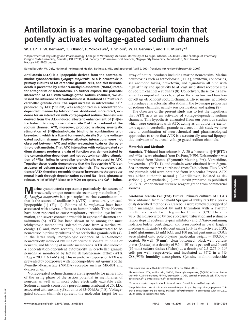 Antillatoxin Is a Marine Cyanobacterial Toxin That Potently Activates Voltage-Gated Sodium Channels