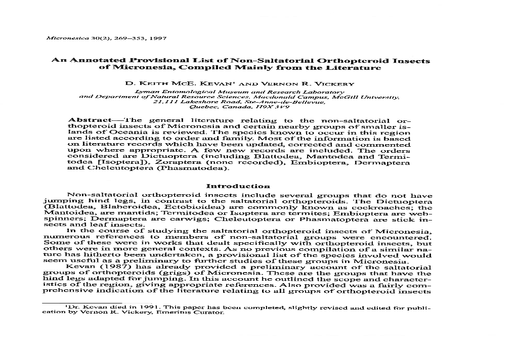 An Annotated Provisional List Ofnon-Saltatorial Orthopteroid