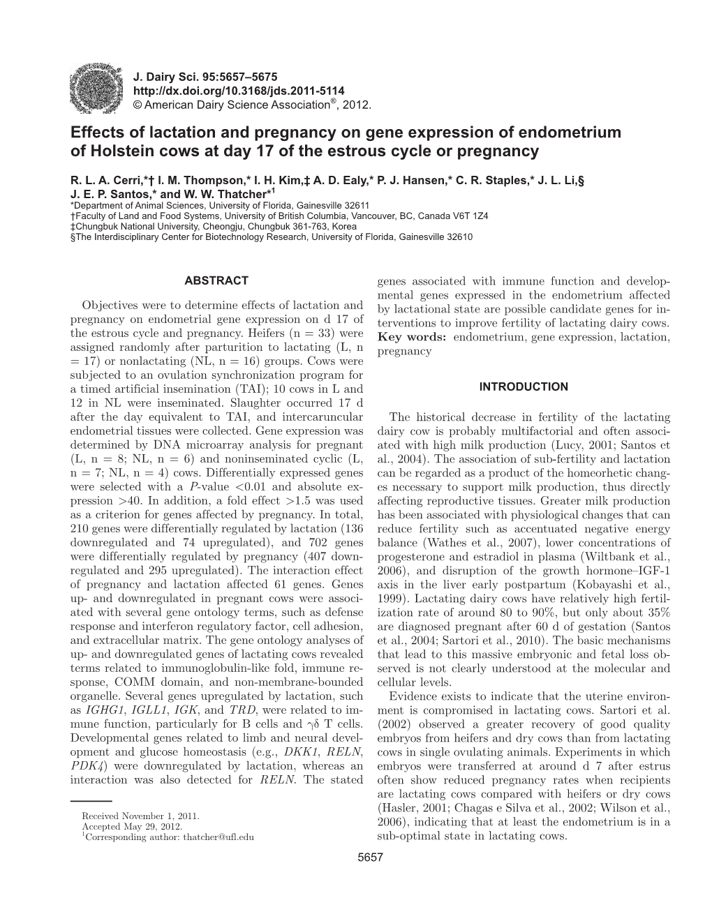 Effects of Lactation and Pregnancy on Gene Expression of Endometrium of Holstein Cows at Day 17 of the Estrous Cycle Or Pregnancy