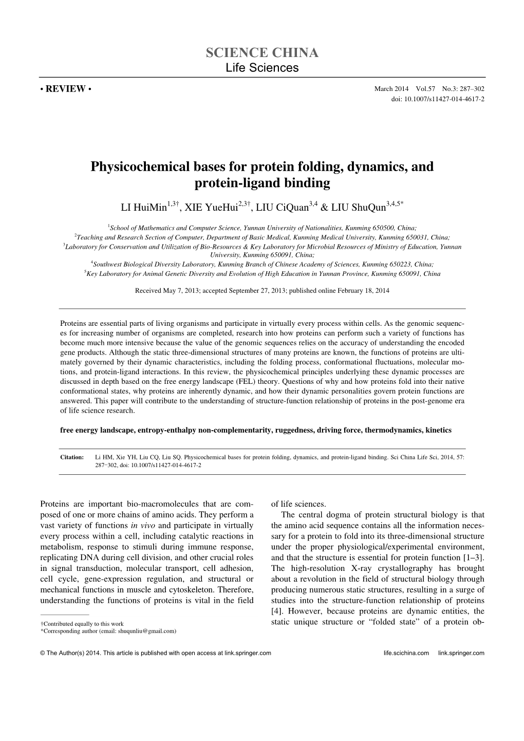 SCIENCE CHINA Physicochemical Bases for Protein Folding, Dynamics, and Protein-Ligand Binding