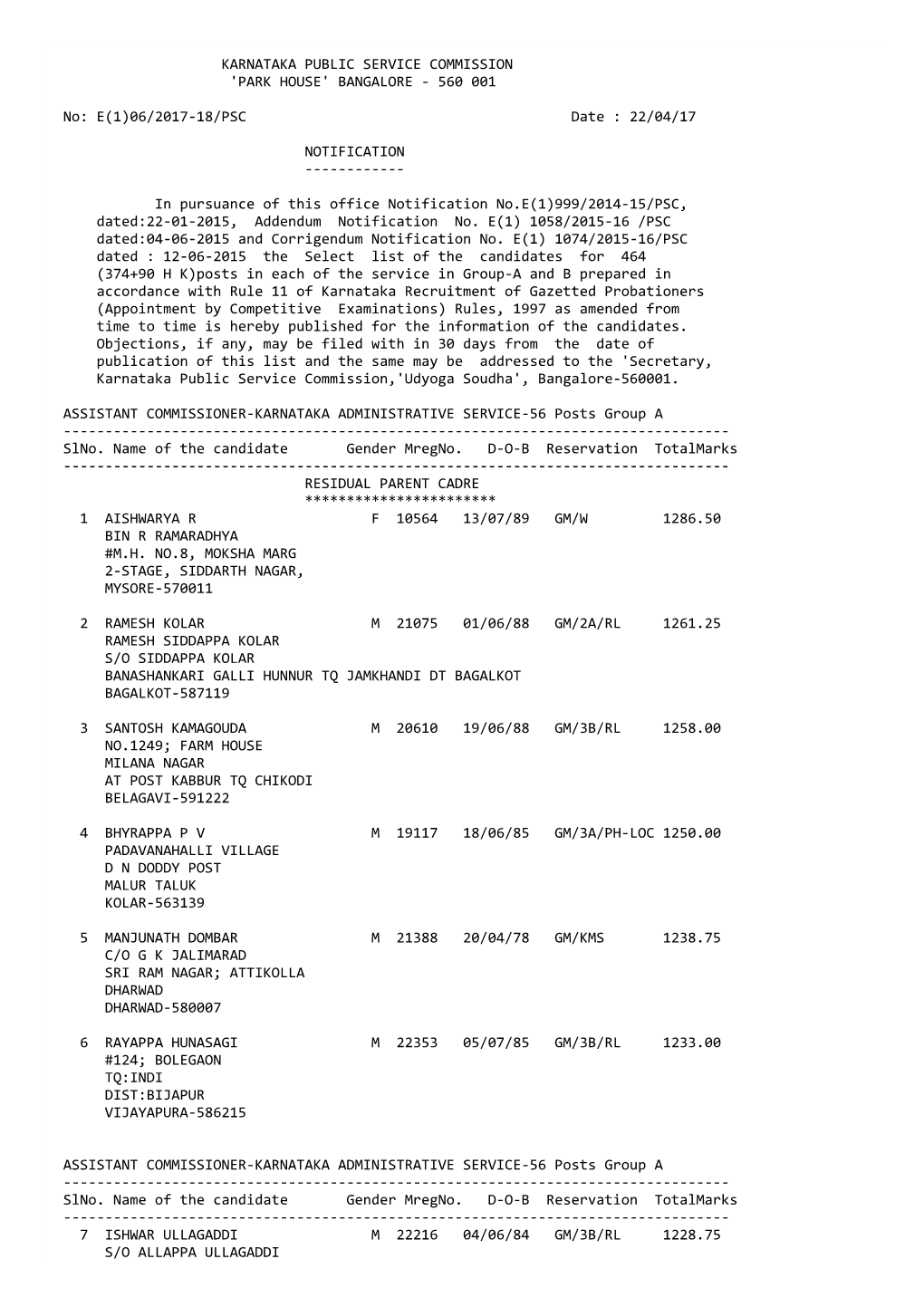 KARNATAKA PUBLIC SERVICE COMMISSION 'PARK HOUSE' BANGALORE ‐ 560 001 No: E(1)06/2017‐18/PSC
