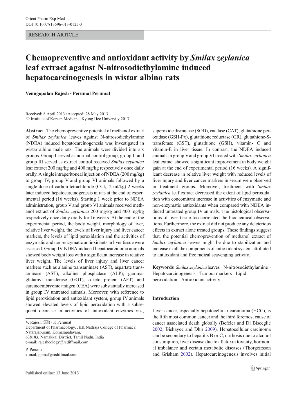 Chemopreventive and Antioxidant Activity by Smilax Zeylanica Leaf Extract Against N-Nitrosodiethylamine Induced Hepatocarcinogenesis in Wistar Albino Rats