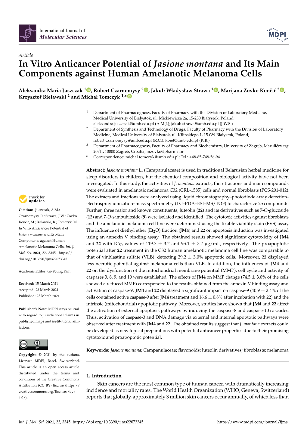 In Vitro Anticancer Potential of Jasione Montana and Its Main Components Against Human Amelanotic Melanoma Cells