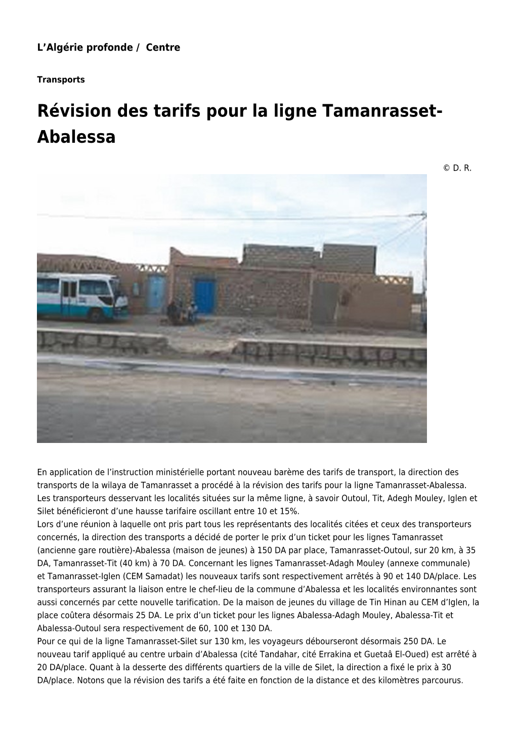 Révision Des Tarifs Pour La Ligne Tamanrasset-Abalessa: Toute L