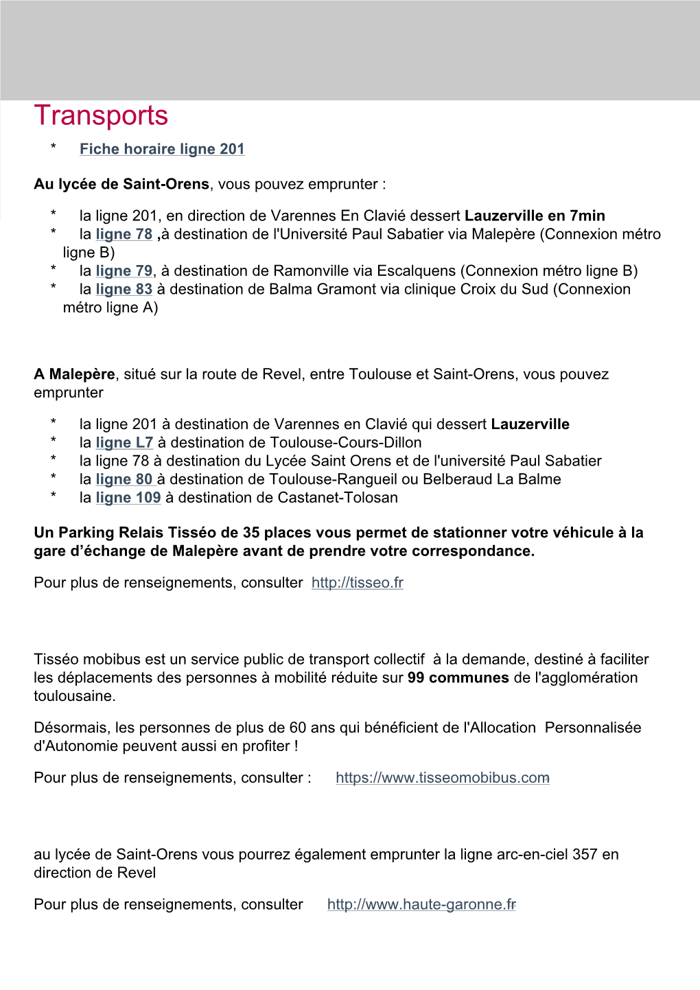 Transports * Fiche Horaire Ligne 201