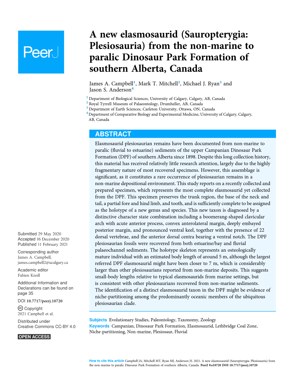 Sauropterygia: Plesiosauria) from the Non-Marine to Paralic Dinosaur Park Formation of Southern Alberta, Canada