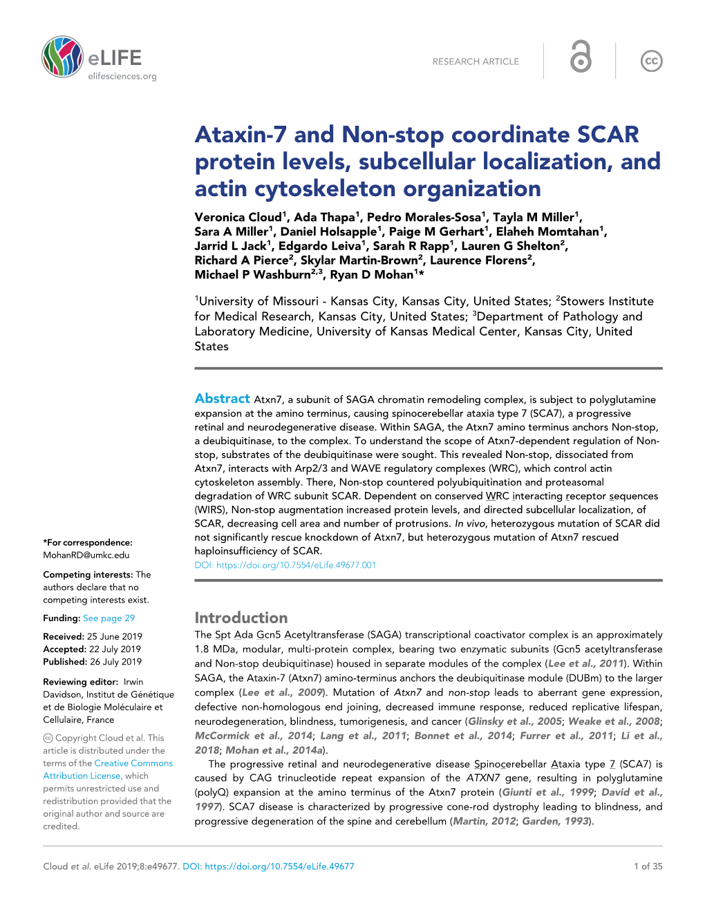 Ataxin-7 and Non-Stop Coordinate SCAR Protein Levels, Subcellular Localization, and Actin Cytoskeleton Organization