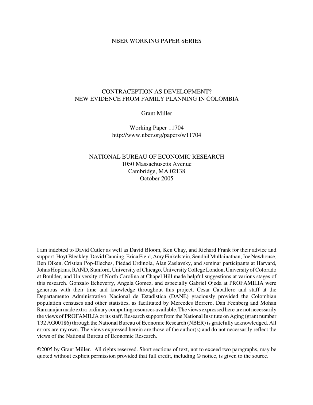 New Evidence from Family Planning in Colombia Grant Miller NBER Working Paper No