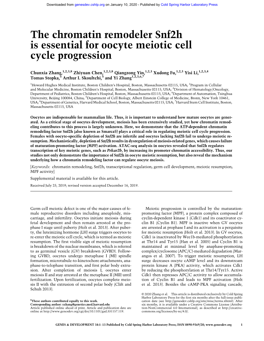 The Chromatin Remodeler Snf2h Is Essential for Oocyte Meiotic Cell Cycle Progression
