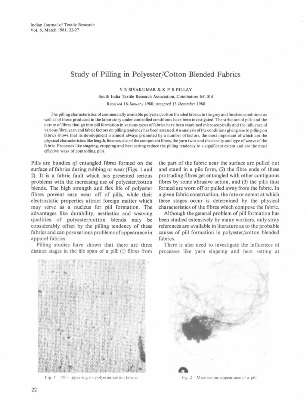 Study of Pilling in Polyester/Cotton Blended Fabrics