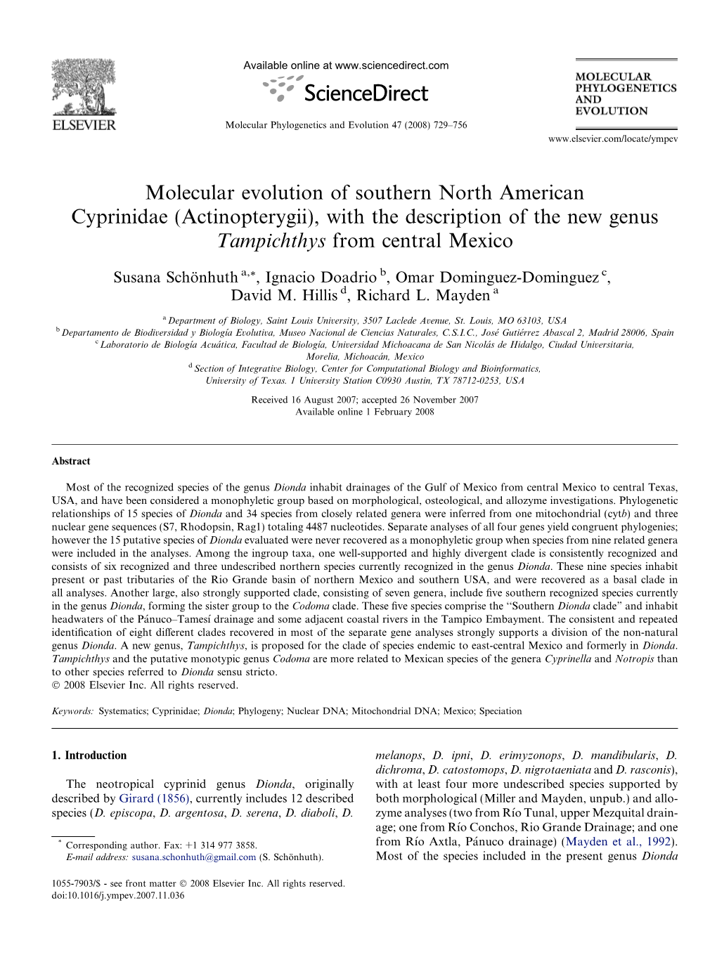 Molecular Evolution of Southern North American Cyprinidae (Actinopterygii), with the Description of the New Genus Tampichthys from Central Mexico