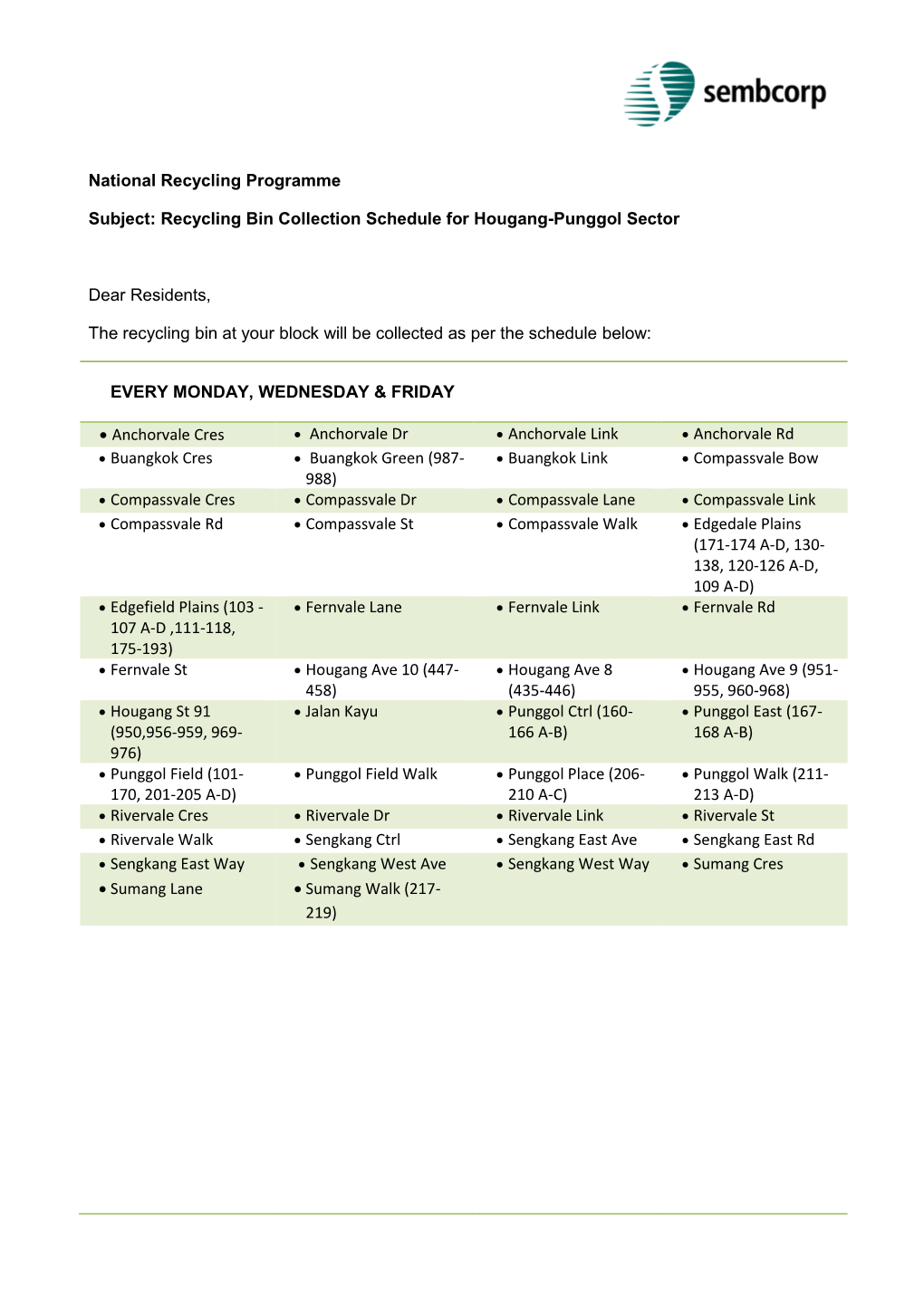 Recycling Bin Collection Schedule for Hougang-Punggol Sector