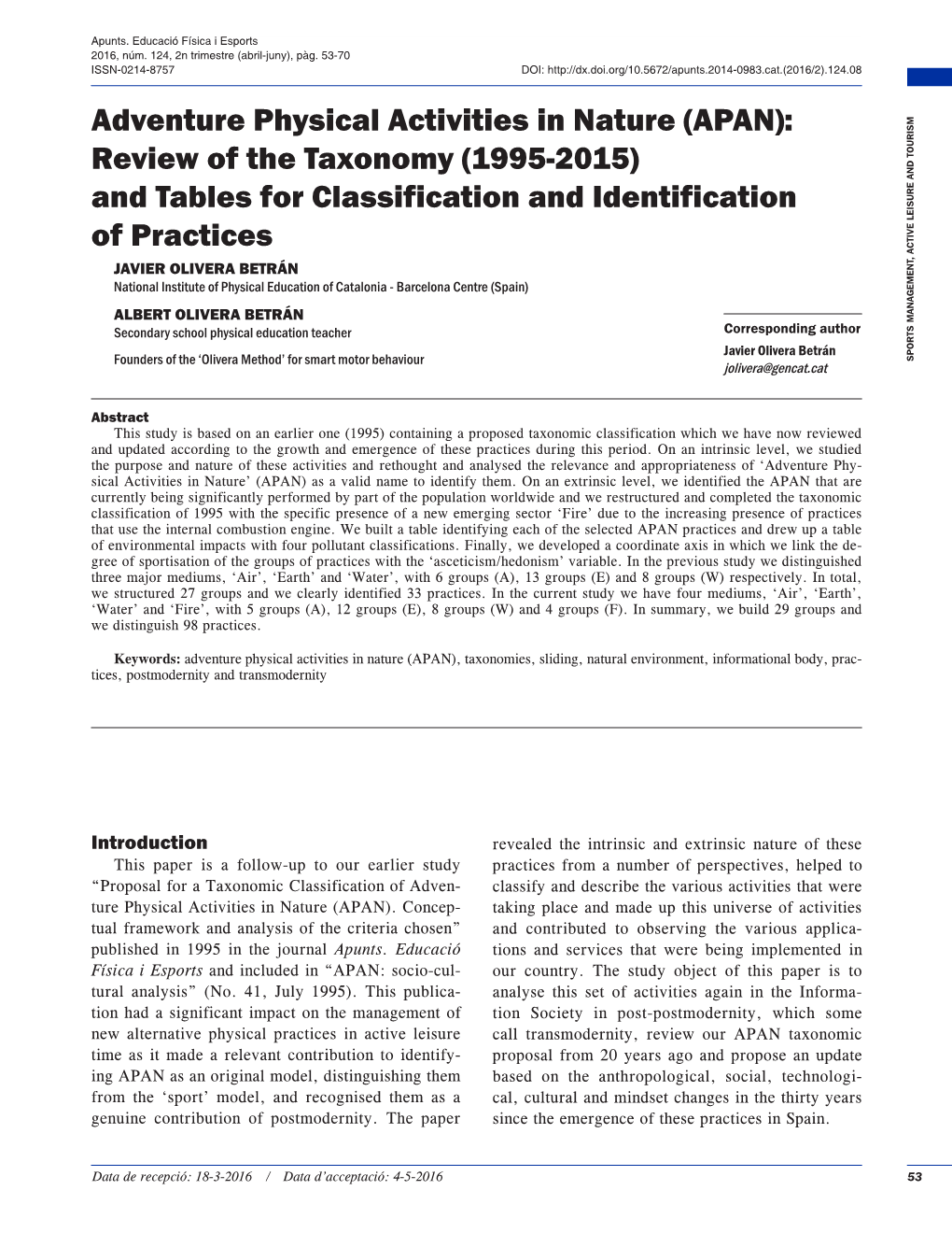 Adventure Physical Activities in Nature (APAN): Review of the Taxonomy