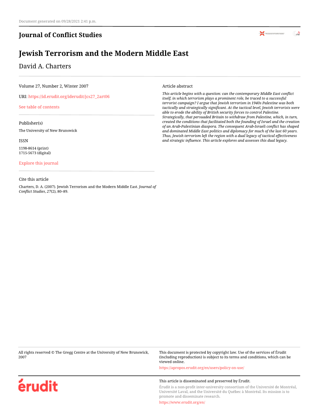 Jewish Terrorism and the Modern Middle East David A