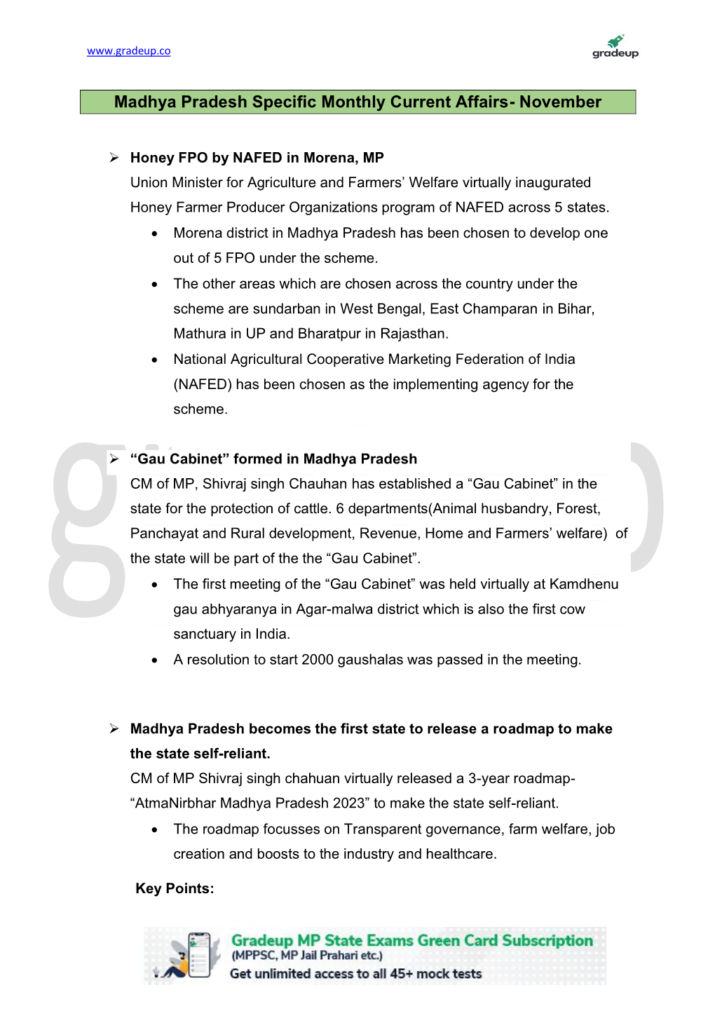 MP Specific Current Affairs November 2020