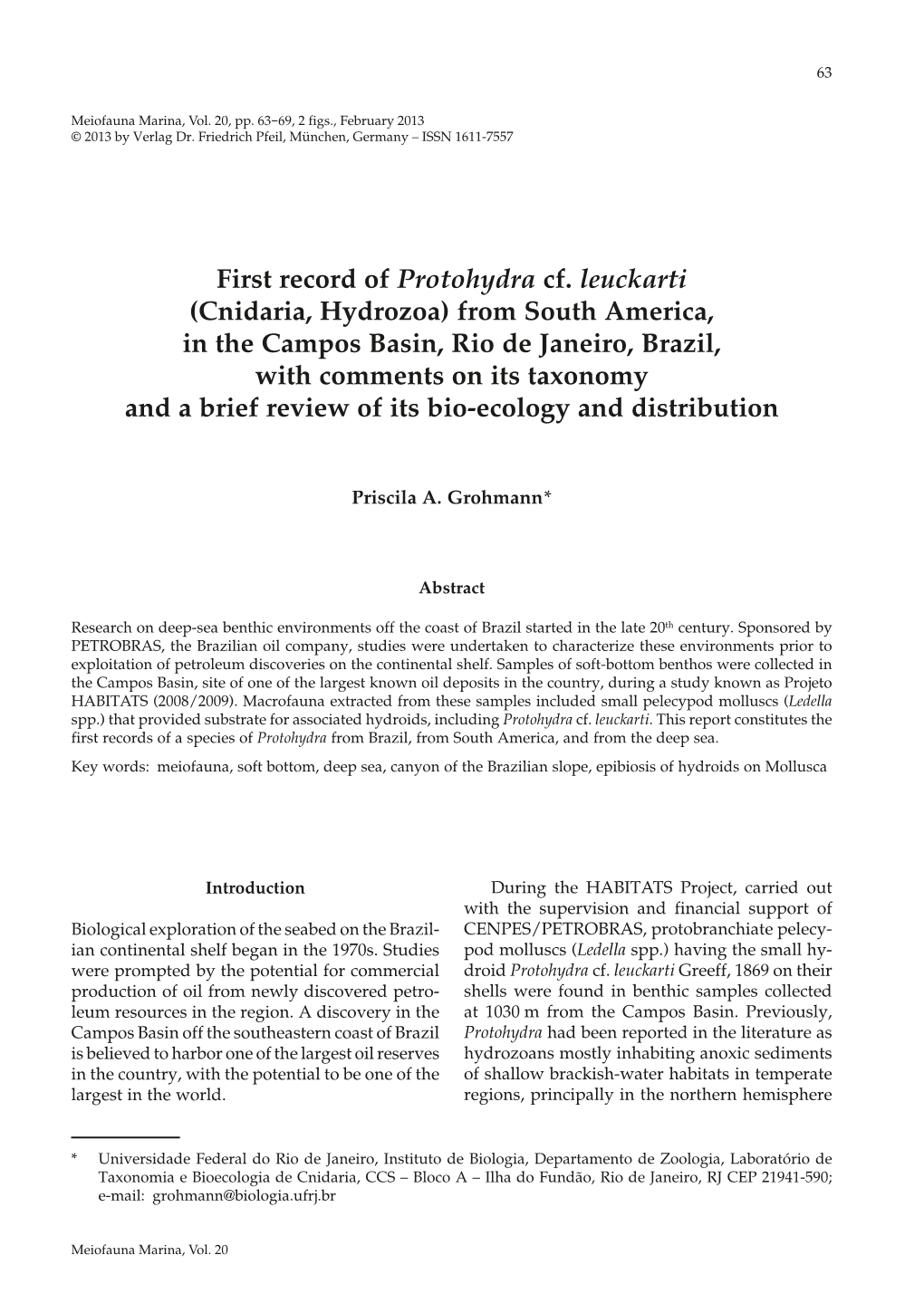 First Record of Protohydra Cf. Leuckarti (Cnidaria, Hydrozoa)