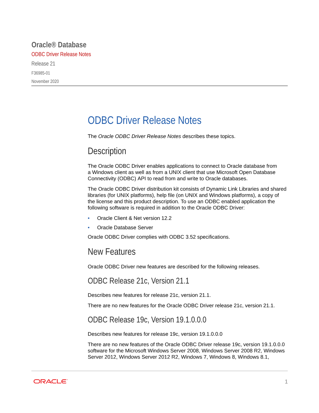 ODBC Driver Release Notes Release 21 F36985-01 November 2020
