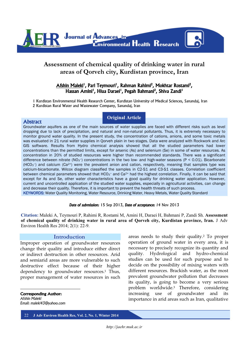 Assessment of Chemical Quality of Drinking Water in Rural Areas of Qorveh City, Kurdistan Province, Iran