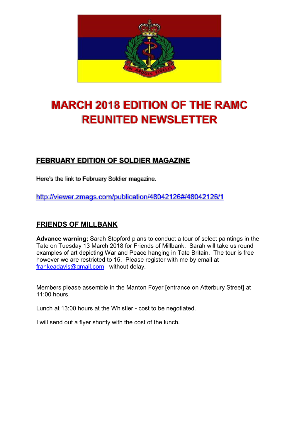 March 2018 Edition of the Ramc Reunited Newsletter