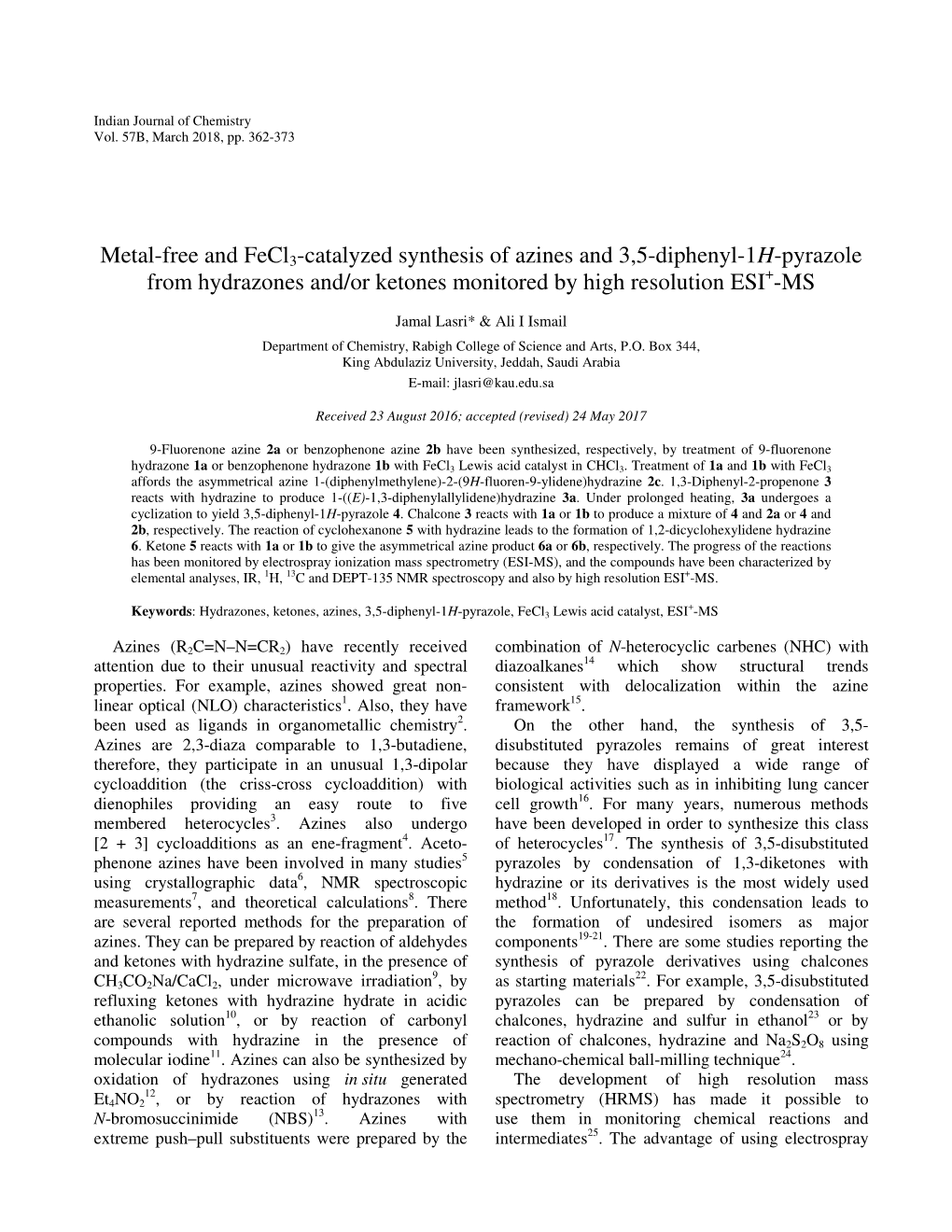 Metal-Free and Fecl3-Catalyzed Synthesis of Azines and 3,5