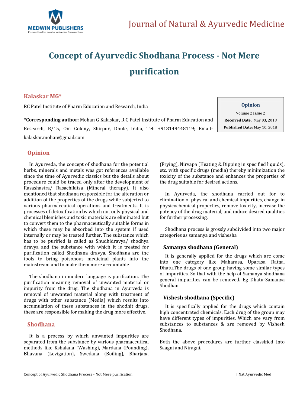 Concept of Ayurvedic Shodhana Process - Not Mere Purification