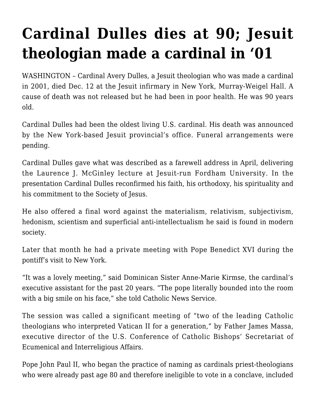 Cardinal Dulles Dies at 90; Jesuit Theologian Made a Cardinal in ‘01