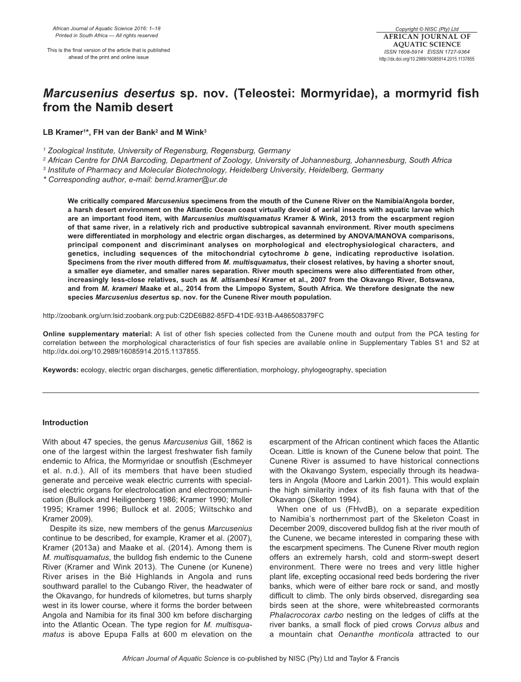 Marcusenius Desertus Sp. Nov. (Teleostei: Mormyridae), a Mormyrid Fish from the Namib Desert