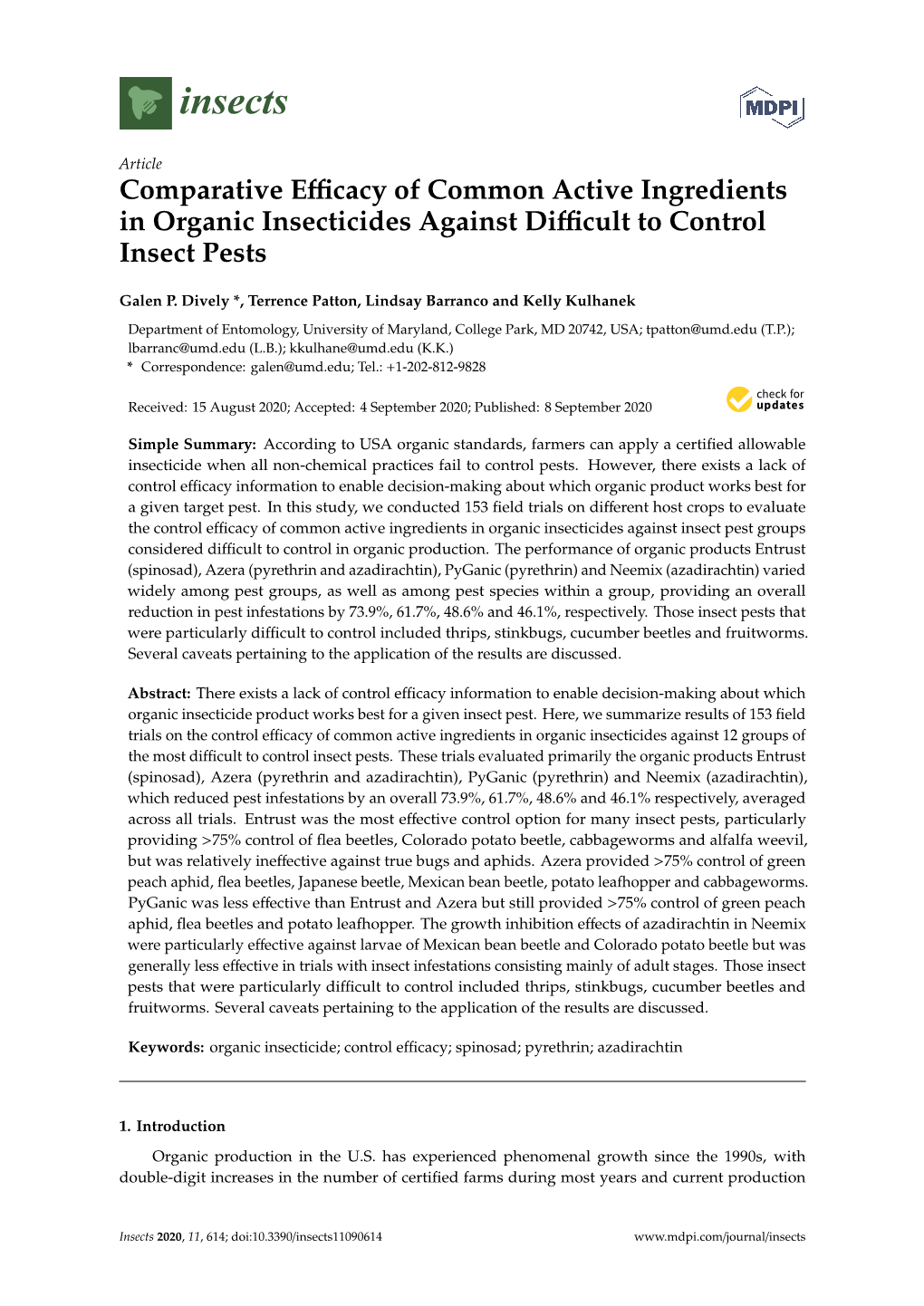 Comparative Efficacy of Common Active Ingredients in Organic Insecticides Against Difficult to Control Insect Pests