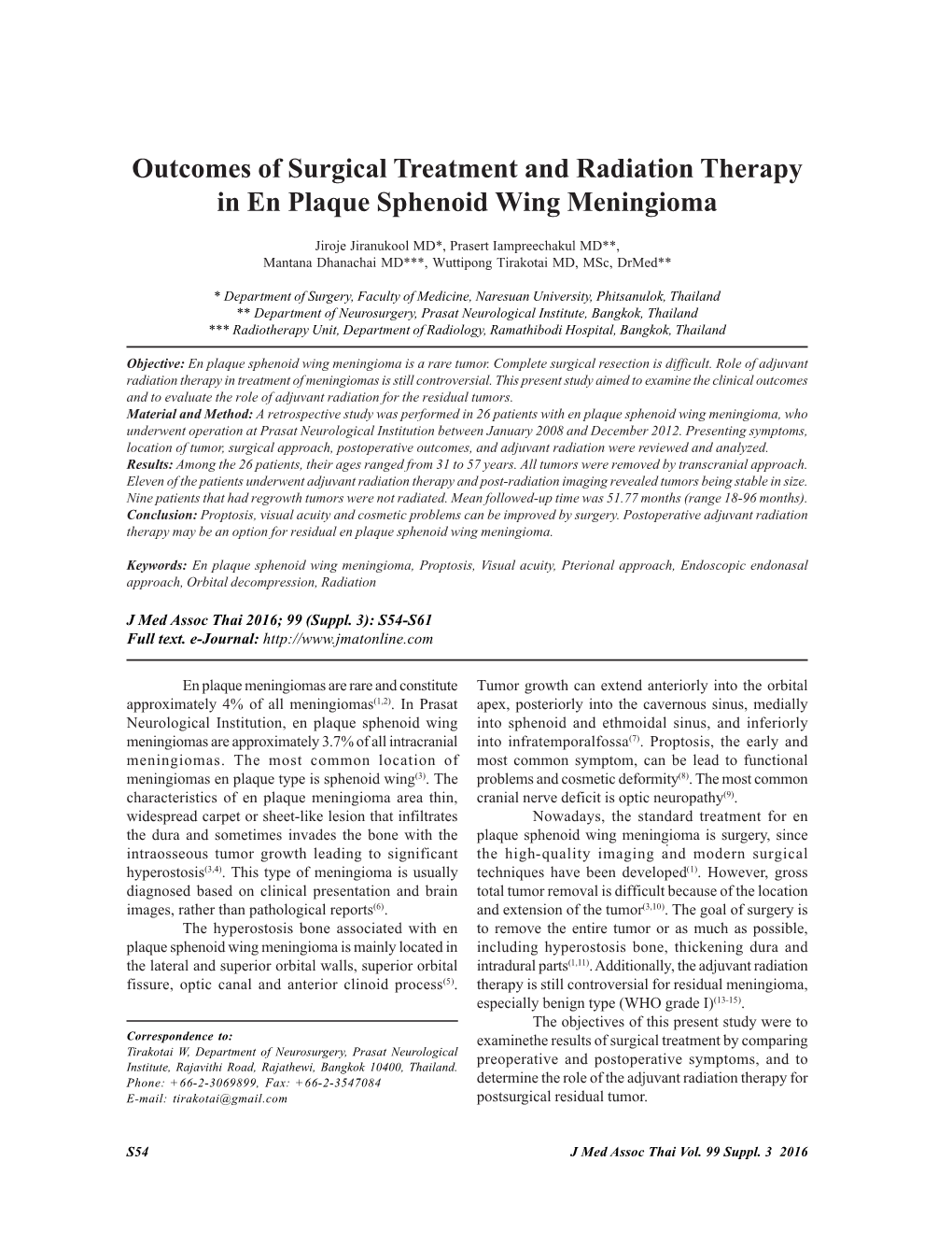 Outcomes of Surgical Treatment and Radiation Therapy in En Plaque Sphenoid Wing Meningioma