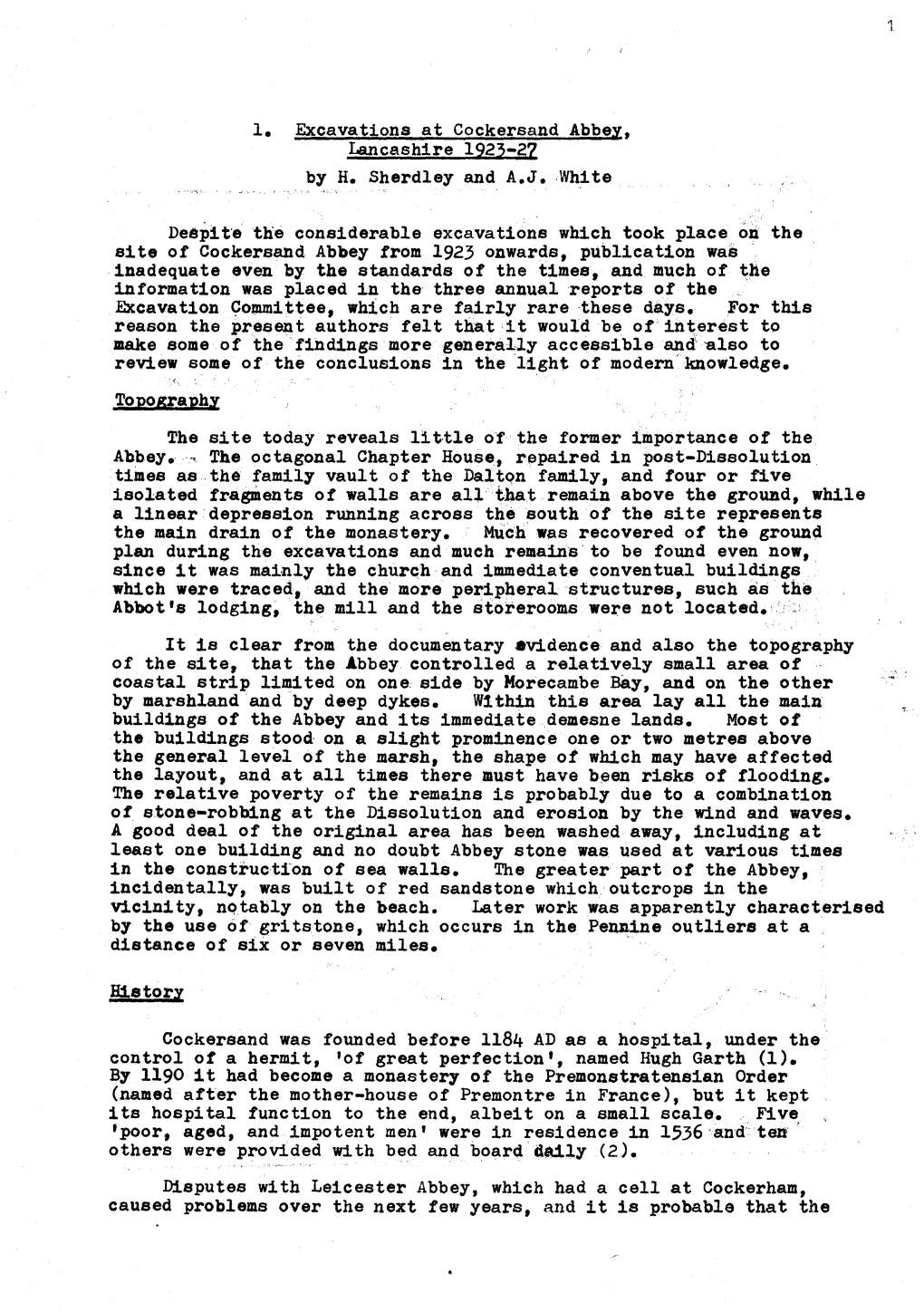 1. Excavations at Cockersand Abbex, Lancashire 1923-2Z by H. Sherdley and A.J