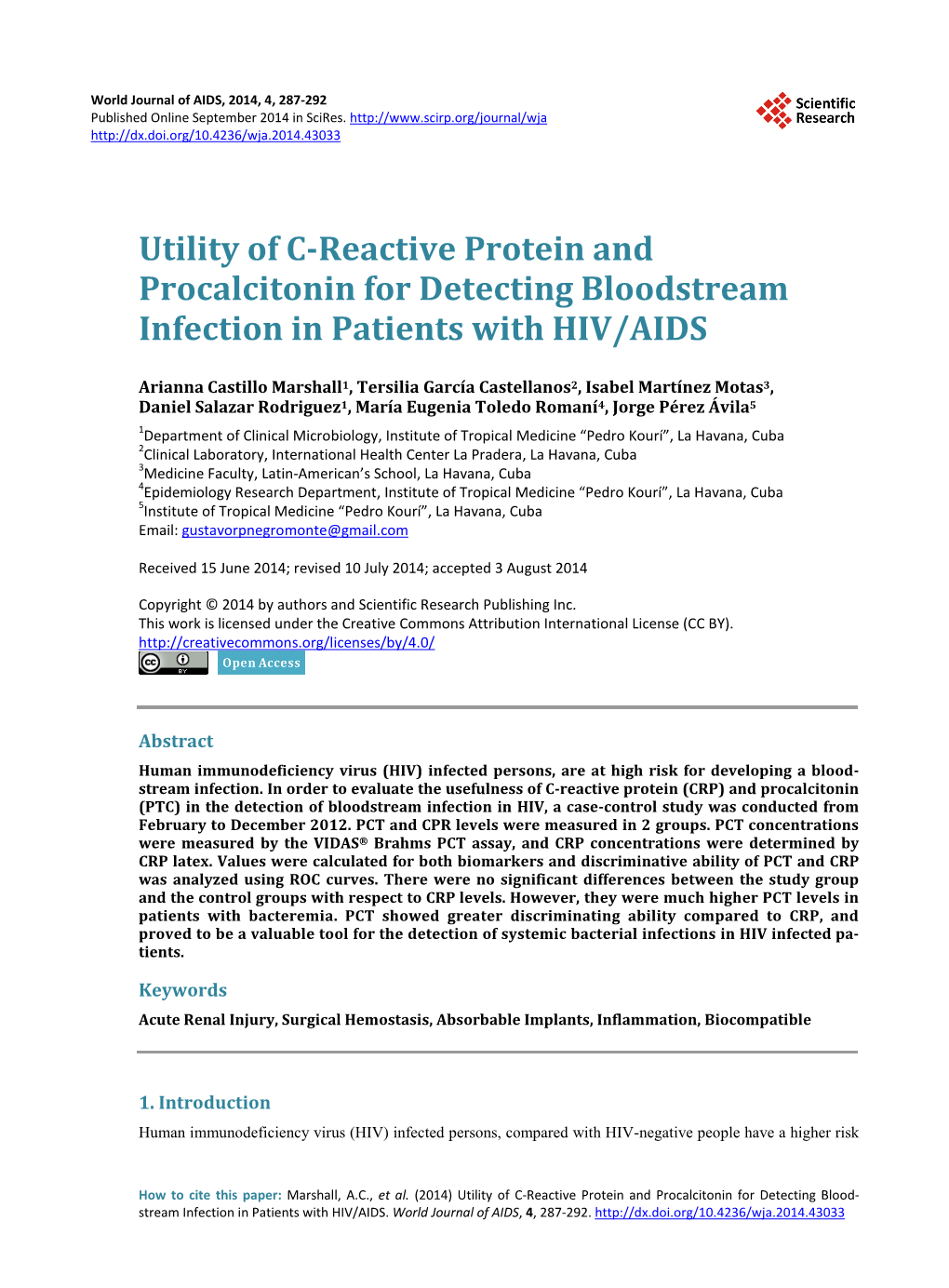 Utility of C-Reactive Protein and Procalcitonin for Detecting Bloodstream Infection in Patients with HIV/AIDS