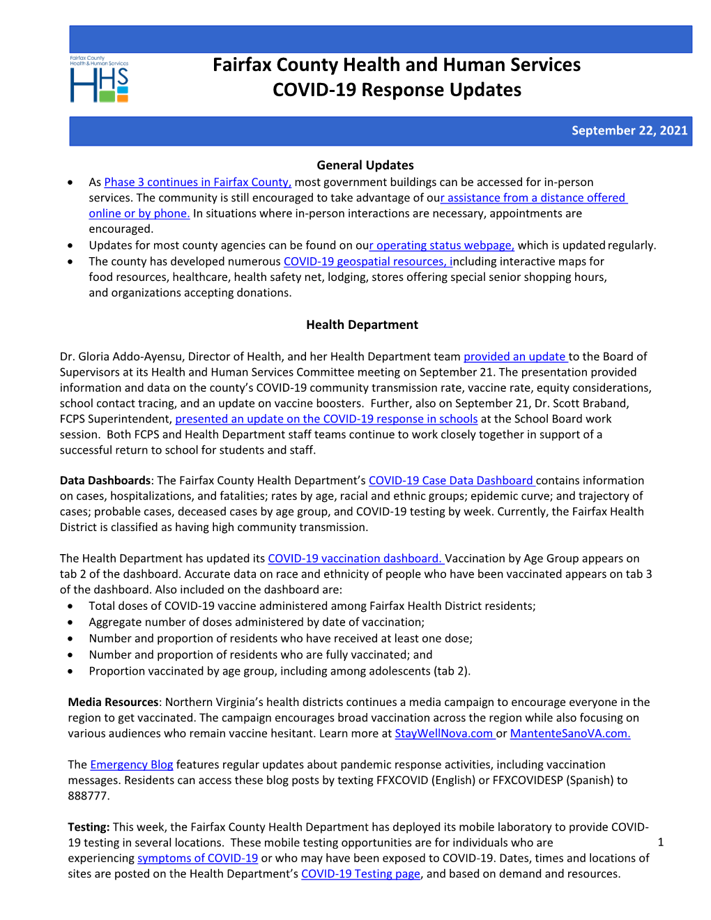 Fairfax County Health and Human Services COVID-19 Response Updates