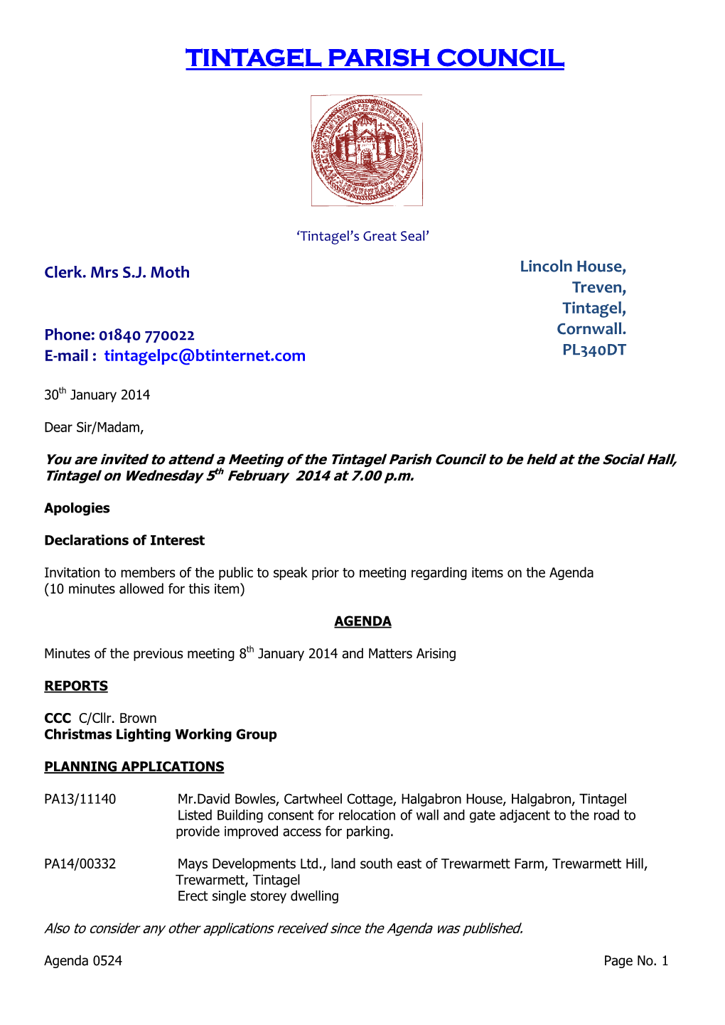 Tintagel Parish Council Meeting 5Th February 2014