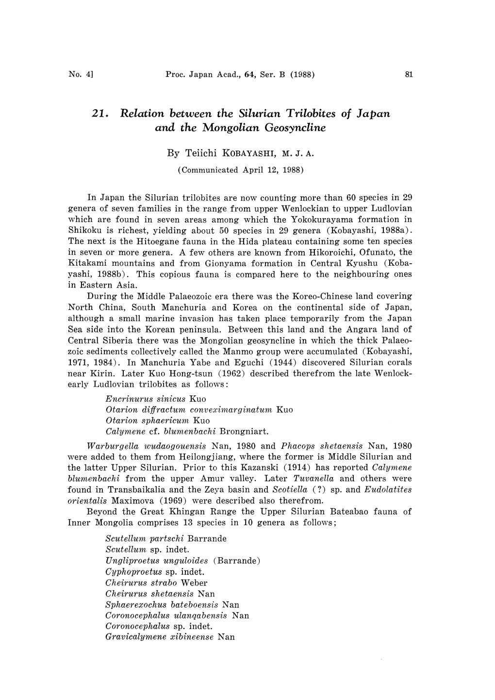 Relation Between the Silurian Trilobites O F and the Mongolian