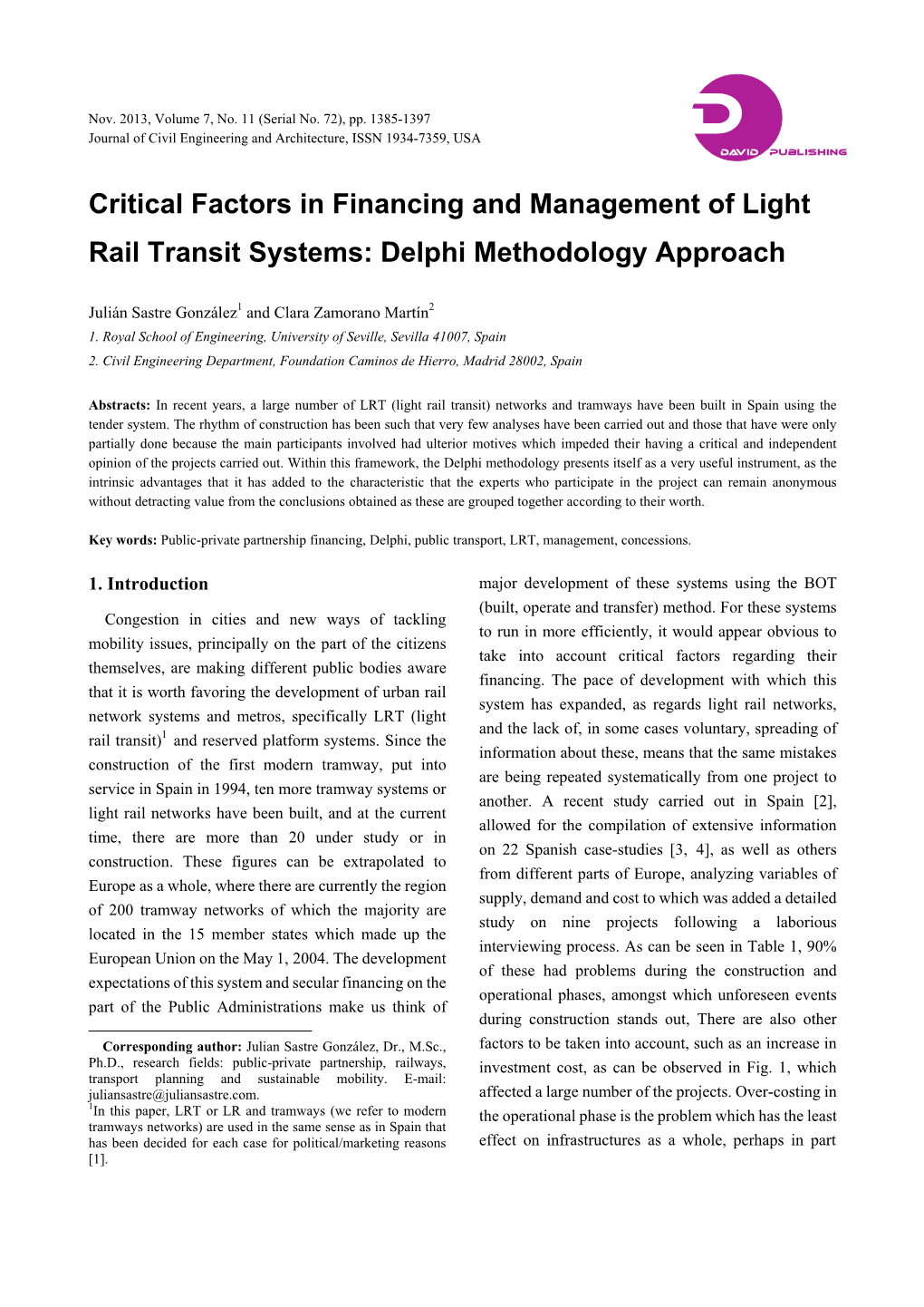 Critical Factors in Financing and Management of Light Rail Transit Systems: Delphi Methodology Approach