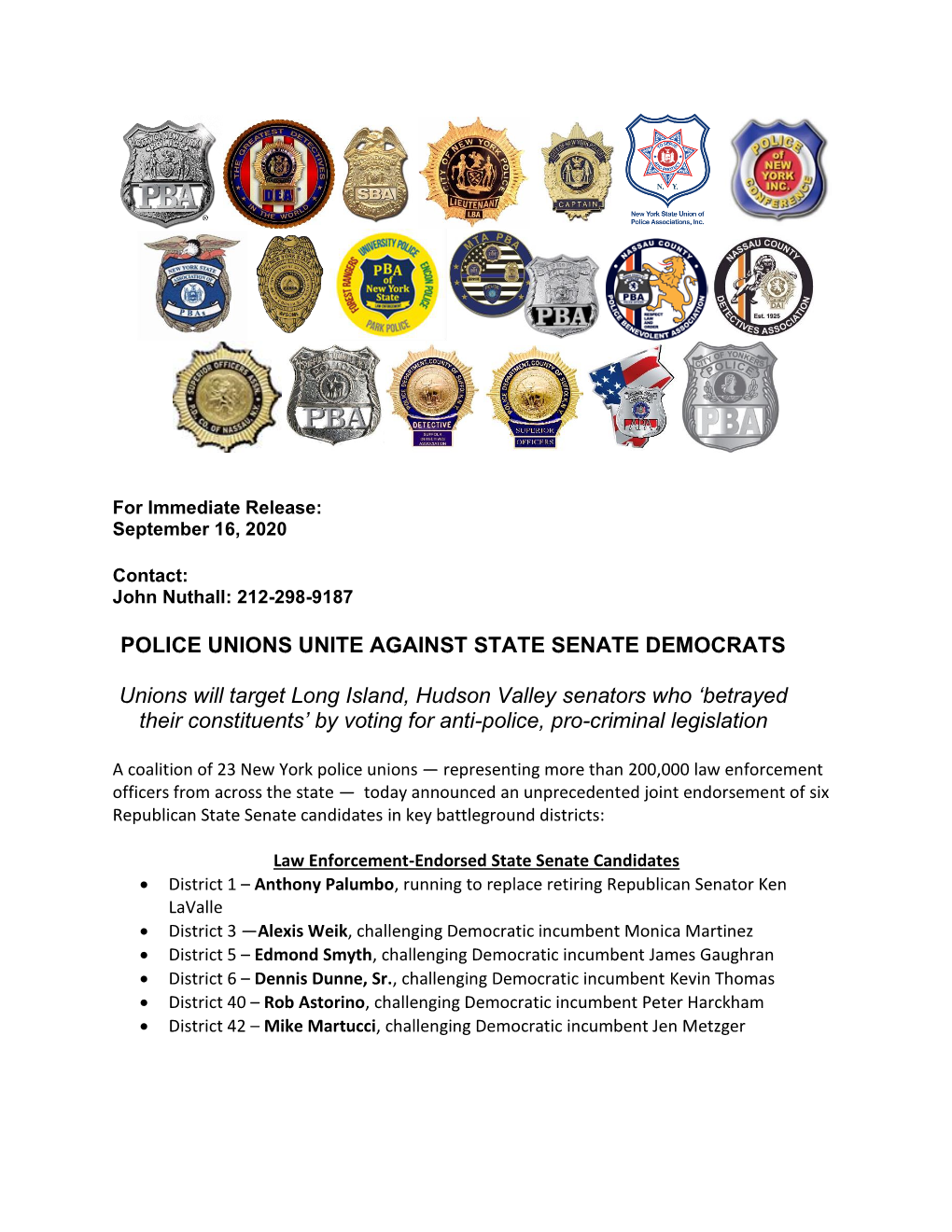 Police Unions Unite Against State Senate Democrats