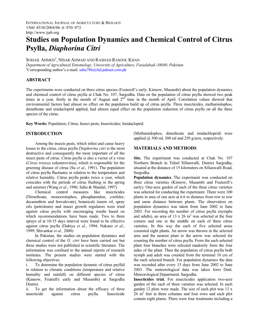 Studies on Population Dynamics and Chemical Control of Citrus Psylla, Diaphorina Citri