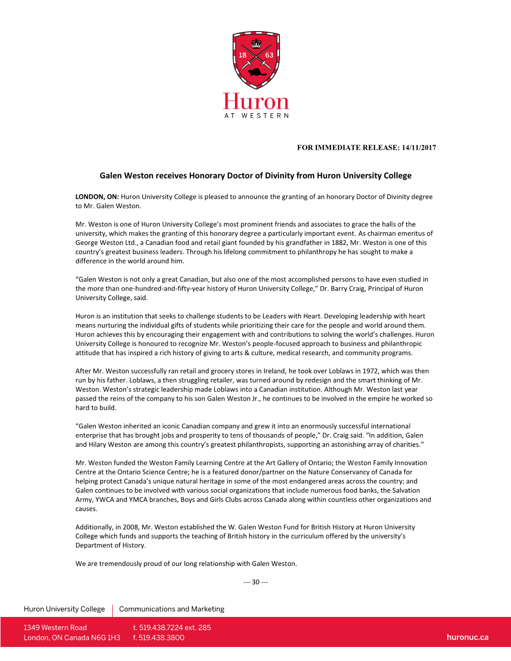 Galen Weston Receives Honorary Doctor of Divinity from Huron University College